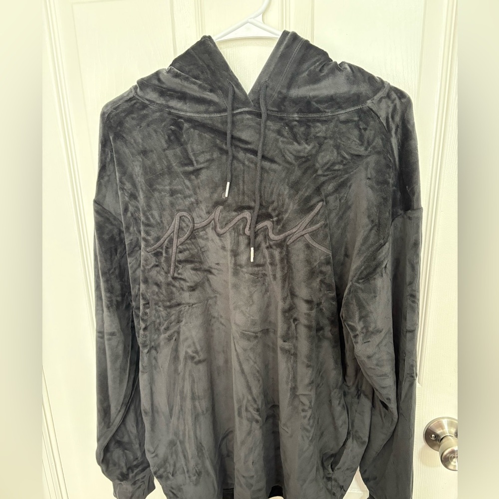 PINK Victoria’s Secret Black Velour Pullover Hoodie